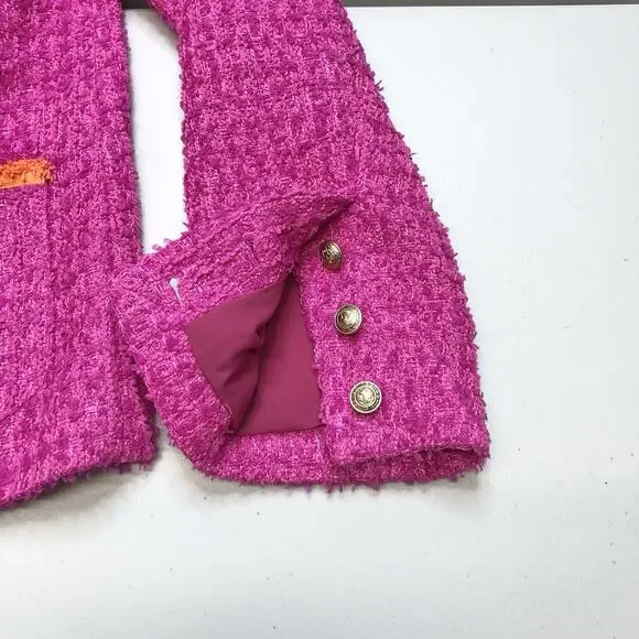 L'AGENCE Hot Pink Tweed Double-Breasted Blazer with Orange Trim - Picture 8 of 13